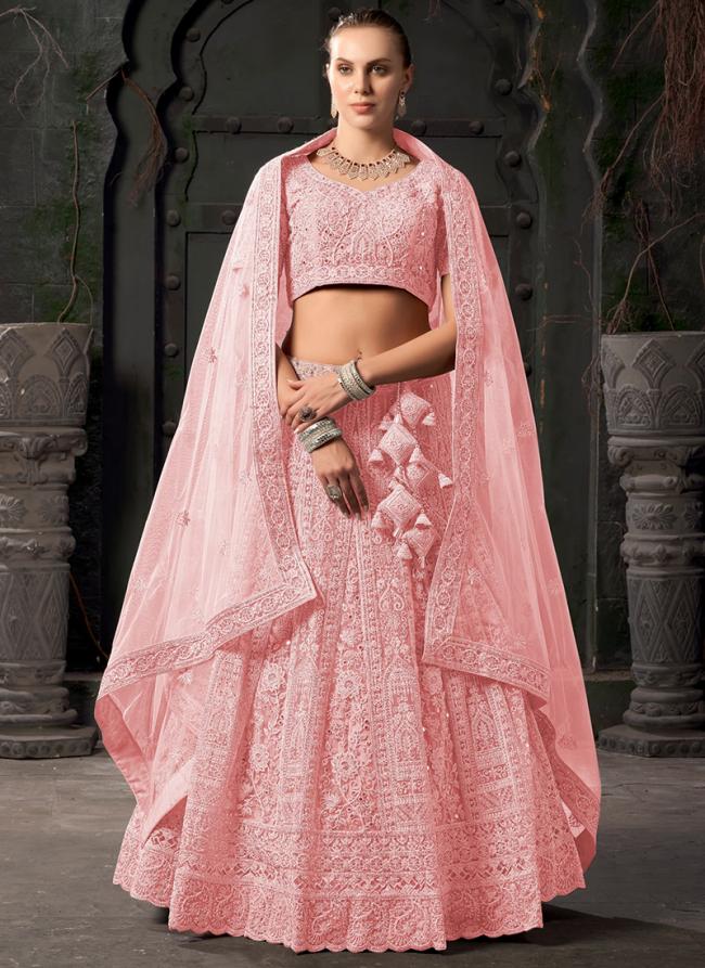 Premium Net Light Pink Bridal Wear Zarkan Work Lehenga Choli